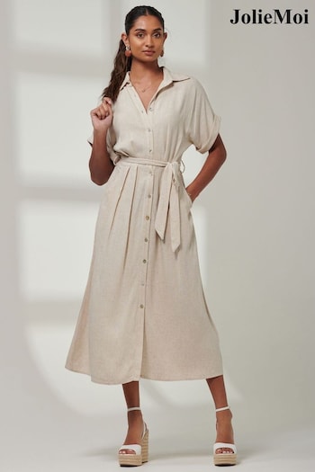 Jolie Moi Natural Jessie Linen Shirt Midi Dress fishnet (E23905) | £68
