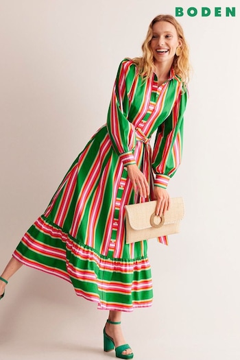 Boden Green Petite Cotton Stripe Midi Shirt Dress (E24093) | £165