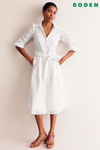 Boden White Petite Kate Broderie Midi Shirt Dress (E24104) | £185