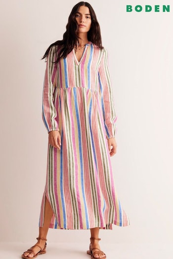 Boden Pink Petite Linen Stripe Maxi Notch Neck Dress (E24113) | £145
