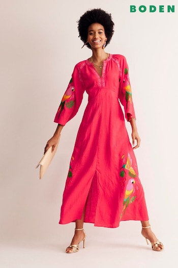 Boden Red Petite Una Linen Embroidered Dress (E24117) | £210