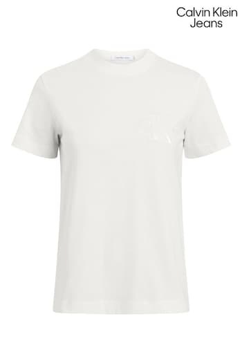 Calvin Klein Jeans Satin Applique Regular Fit White T-Shirt (E24330) | £45