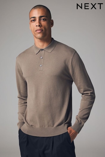 Mocha Brown Regular Fit Knitted Long Sleeve Polo Shirt (E24945) | £28