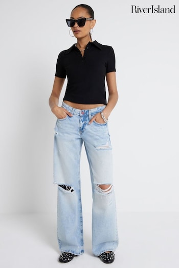 River Island Blue Light Low Rise Baggy Wide Leg Kyle jeans crystal (E25102) | £45