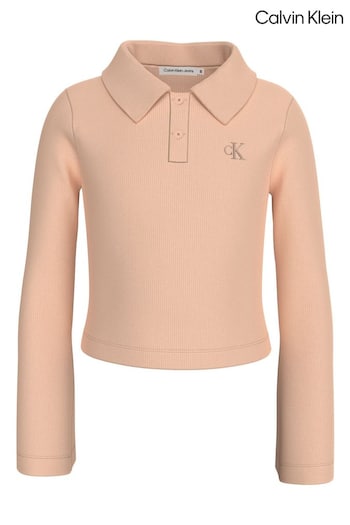 Calvin Klein Pink Slim Rib Long-Sleeved Polo Top (E25174) | £40