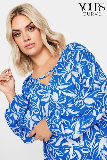 Yours Curve Blue Floral Balloon Long Sleeve Trim Top (E25663) | £29