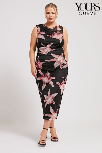 Yours Curve Black London Floral Slash Neck Dress (E25671) | £53