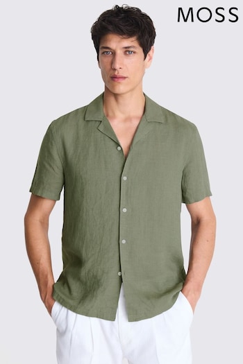MOSS Tailored Fit Green Linen Cuban Collar Shirt (E25718) | £55