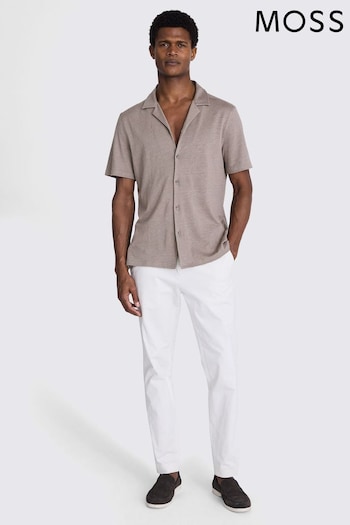 MOSS Dark Taupe Linen Blend Knitted Cuban Collar Shirt (E25719) | £60