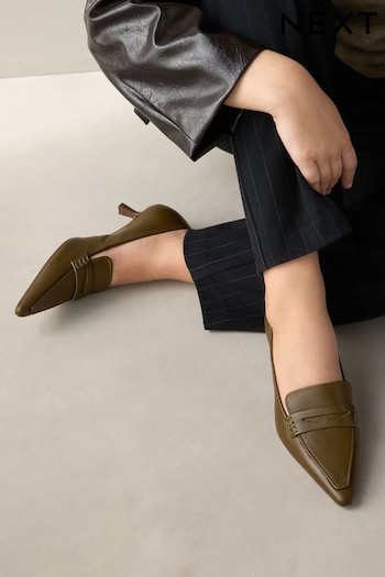 Khaki Green Forever Comfort® Leather Point Kitten Loafer Heels (E26176) | £49