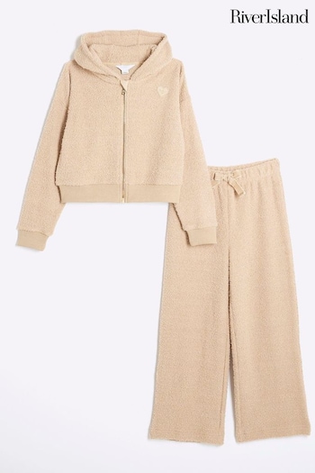 River Island Brown Girls Cosy Top and Wide Leg 100% Cotton Trousers 3 Piece Set (E26182) | £28