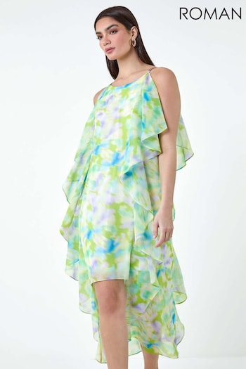 Roman Green Abstract Chiffon Ruffle Detail Midi Dress (E26205) | £135