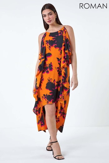 Roman Orange Floral Chiffon Ruffle Detail Midi Dress (E26211) | £110