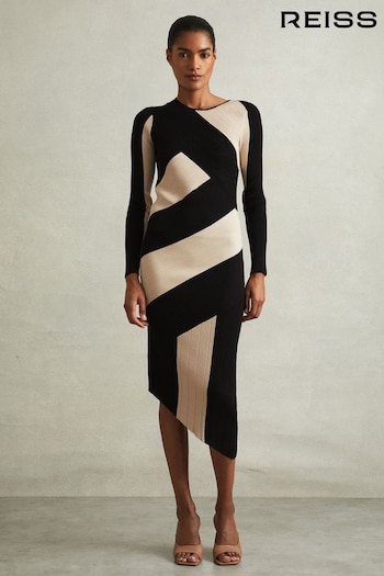 Reiss Black/Camel Jem Knitted Colourblock Asymmetric Midi Dress (E26339) | £0