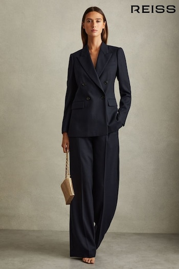 Reiss Navy Hallie Petite Textured Double Breasted Suit Blazer (E26350) | £250