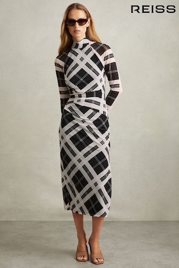 Reiss Black/Ivory Darla Checked Ruched Midi Dress (E26358) | £198