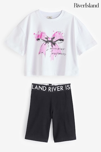 River Island White Girls Graffiti Bow T-Shirt and Shorts Set (E26572) | £18 - £22