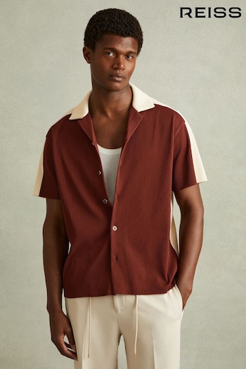 Reiss Rust Red/Off White Castro Oversized Plisse Cuban Collar Shirt (E26587) | £0