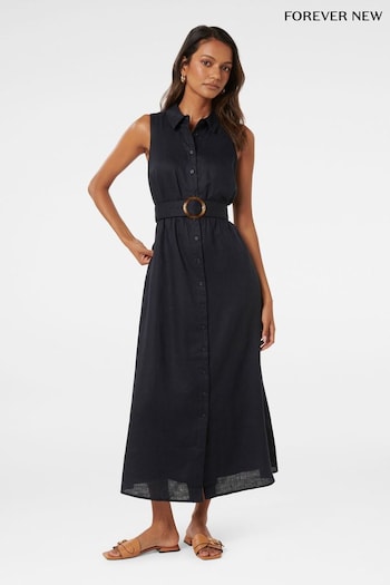 Forever New Blue Pure Linen Gabbie Petite Button Midi Dress (E27276) | £100