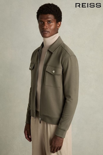 Reiss Sage Green Medina Interlock Jersey Zip-Through Jacket (E28593) | £168