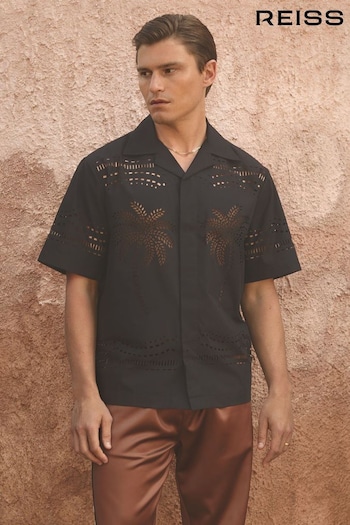 Reiss Black Isola Reiss | Ché Poplin Laser Cut-Out Cuban Collar Shirt (E28606) | £138