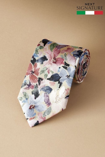 Neutral Brown Floral Signature Made In Italy Design Tie (E28632) | £30