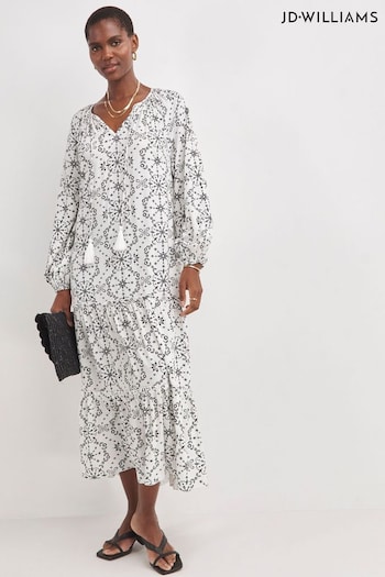 JD Williams White Printed Volume Tiered Smock Fit Dress (E28675) | £40