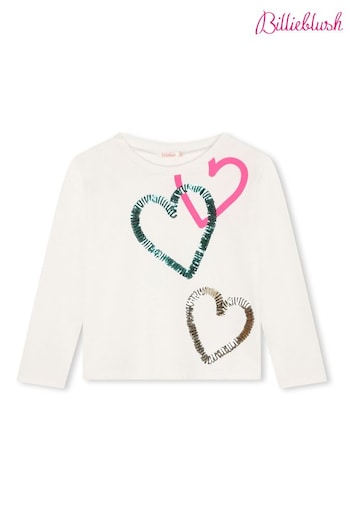 Billieblush Sequin Heart Long Sleeve 100% Cotton White T-Shirt (E29726) | £35