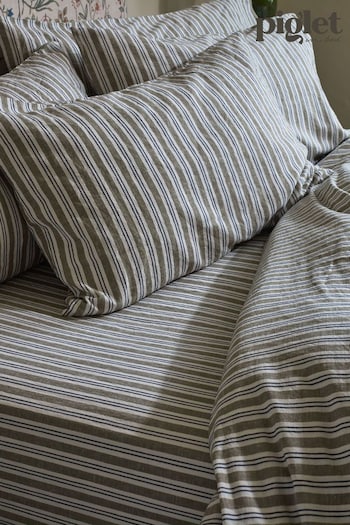 Piglet in Bed Green Sommerley Stripe Linen Fitted Sheet (E30464) | £99 - £149