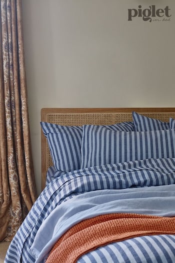 Piglet in Bed Blue Amberley Stripe Linen/Cotton Blend Pillowcases (E30478) | £55