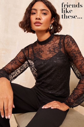 Friends Like These Black Long Sleeve High Neck Lace Sequin Top (E30516) | £37