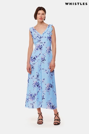 Whistles Blue Bamboo Blossom Ruffle Dress (E31684) | £179