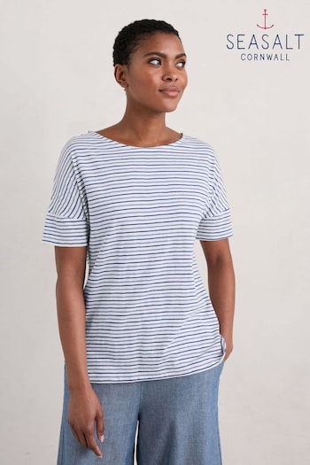 Seasalt Cornwall Blue Bryher View Organic Cotton Boat Neck T-Shirt (E32290) | £30