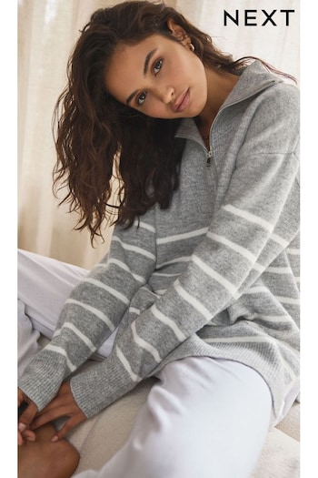 Grey Stripe Half Zip Knit Jumper (E32724) | £32