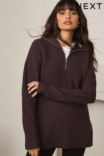 Chocolate Brown Half Zip Knit Jumper (E32729) | £32