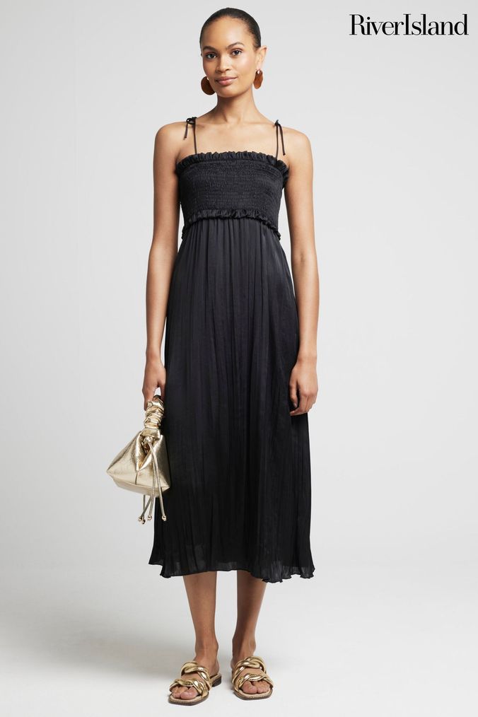 River island black pleated dress hot sale