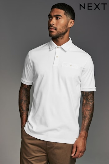 White Geo Flocked 100% Cotton Short Sleeve Smart Collar Polo Shirt (E33352) | £13.50