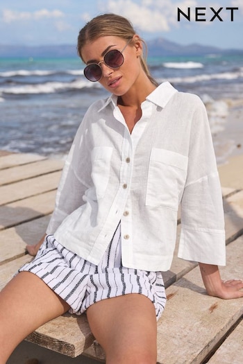 White Linen Blend Short Sleeve Safari Shirt (E35253) | £35