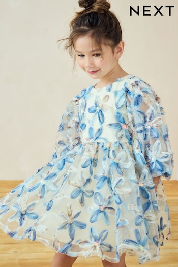 Blue Embellished Puff Sleeve Dress (3-16yrs) (E35482) | £40 - £46