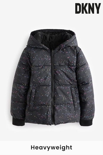 DKNY Splat Print Logo Black Puffer Coat (E35546) | £149 - £169