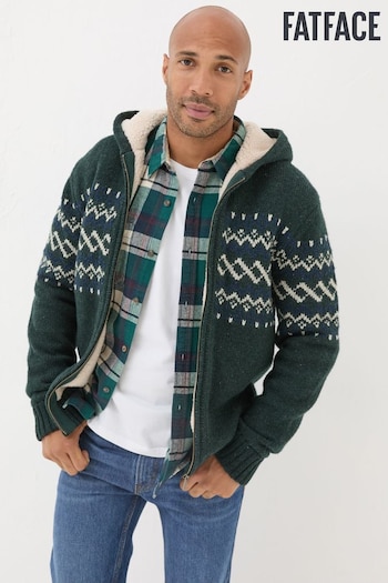 FatFace Dark Green Findon Knitted Pattern Hoodie (E36432) | £98