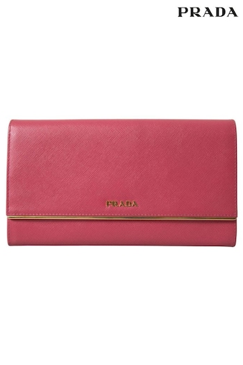 Prada Pink Iconic Saffiano Leather Bifold Wallet with Flap Closure and Gold Metal Detailing (E36557) | £815