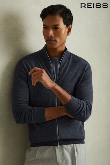 Reiss Dark Airforce Blue Melange Hampshire Merino Wool Zip-Through Funnel-Neck Cardigan (E37985) | £118