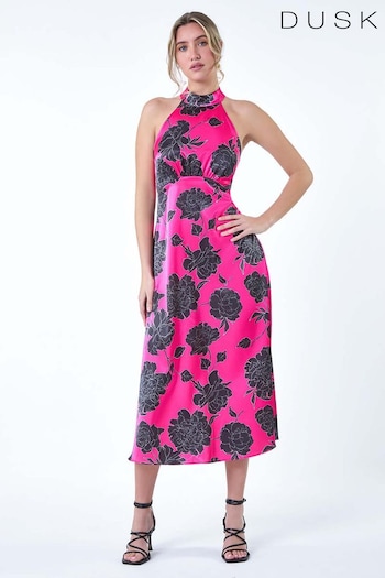 Dusk Pink Floral Satin Look Halterneck Midi Dress (E38106) | £65