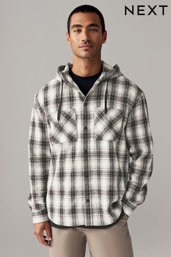 Black/White Check 100% Cotton Hooded Shacket Overshirt (E38717) | £48