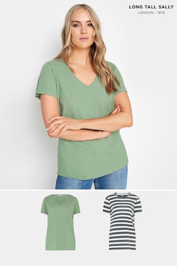 Long Tall Sally Grey Scoop Neck Stripe T-Shirts 2 Pack (E40901) | £23