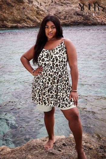 Yours Curve Brown Natural Brown Leopard Print Tiered Crinkle Vest Top (E41463) | £24