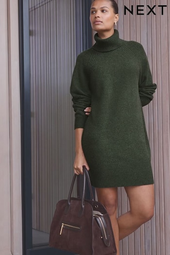 Green Khaki 100% Wool High Roll Neck Short Knitted Jumper Dress (E41840) | £86