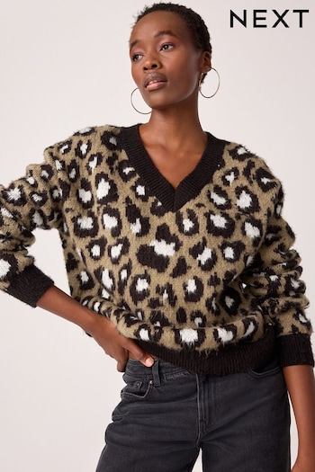 Khaki Green Leopard Animal V-Neck Jumper (E41898) | £39