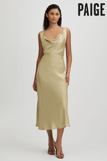 Paige Olive Silk Satin Cowl Neck Midi Dress (E42826) | £470